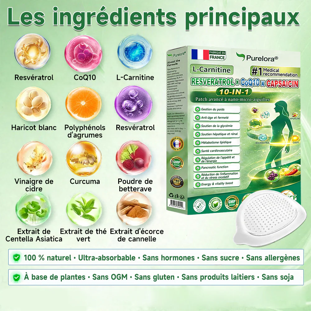 🔥Nouveautés : 80 % de réduction | Patch nano-micro-aiguilles 10-en-1 Purelora® L-carnitine, resvératrol × CoQ10 × capsaïcine (Une seule application par jour, résultats visibles en 7 jours) ✅ Favorise la gestion du poids, la fermeté de la peau - Image 13